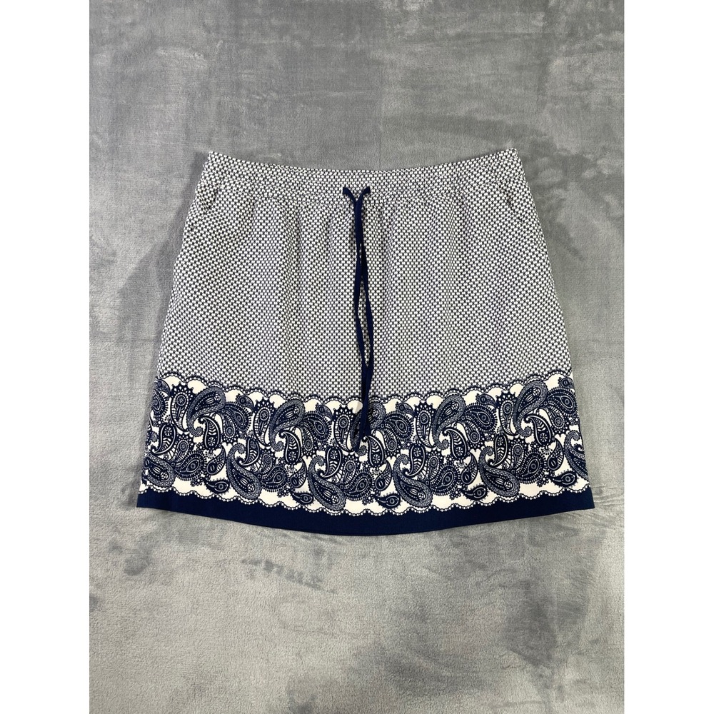 Lucy & Laurel Navy Blue White Paisley Border Print Mini Skirt Large Drawstring